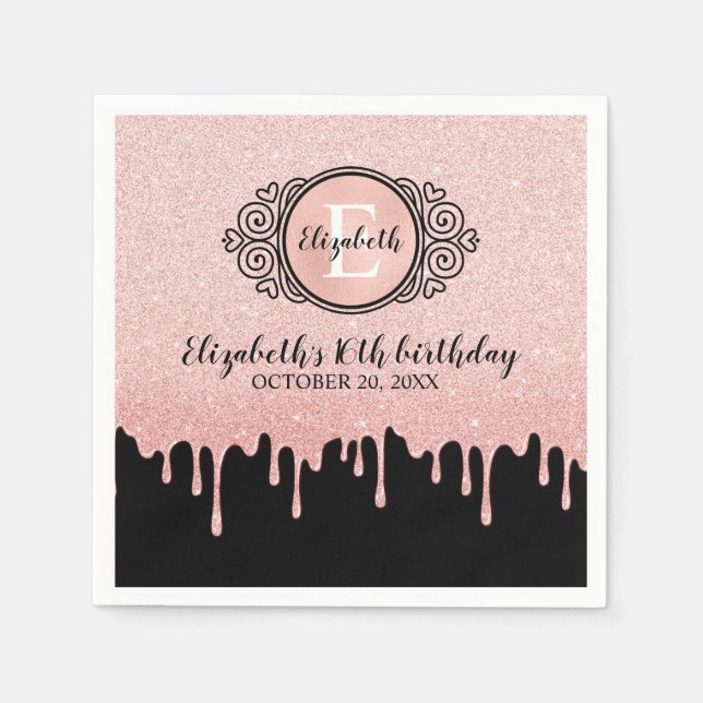 Sweet 16 Birthday Black Rose Gold Glitzer Tropfen Serviette (Vorderseite)