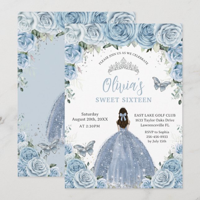 Sweet 16 Birthday Blue Floral Silver Butterfly Einladung (Vorne/Hinten)