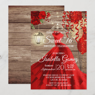Sweet 16 Birthday - Blume aus Holz und Rot Einladung