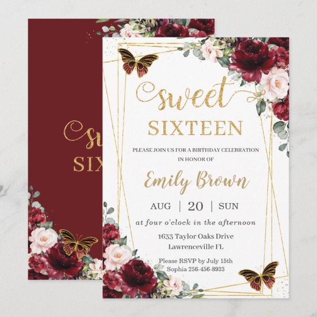Sweet 16 Birthday Burgundy Blush Bloral Butterfly Einladung (Vorne/Hinten)