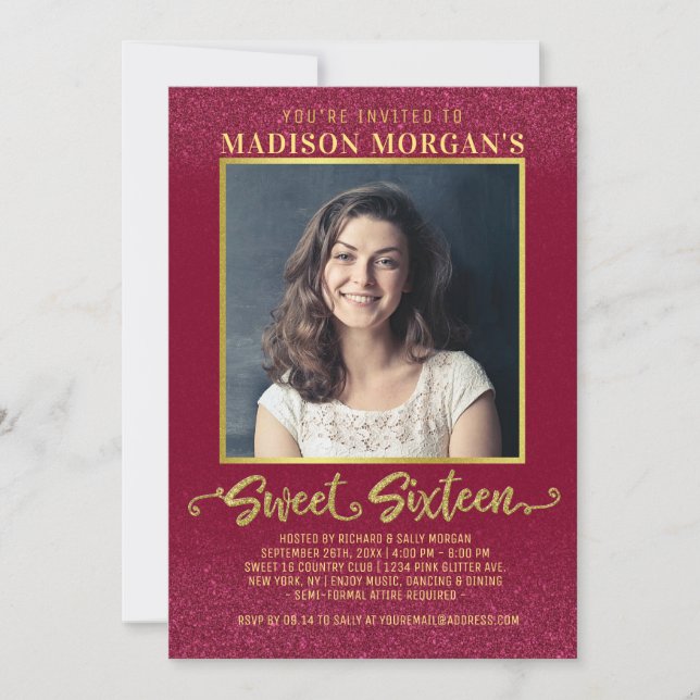 Sweet 16 Birthday Burgundy Red Gold Glitzer Foto Einladung (Vorderseite)