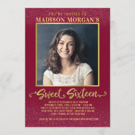 Sweet 16 Birthday Burgundy Red Gold Glitzer Foto Einladung