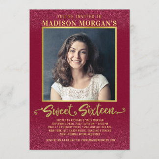 Sweet 16 Birthday Burgundy Red Gold Glitzer Foto Einladung