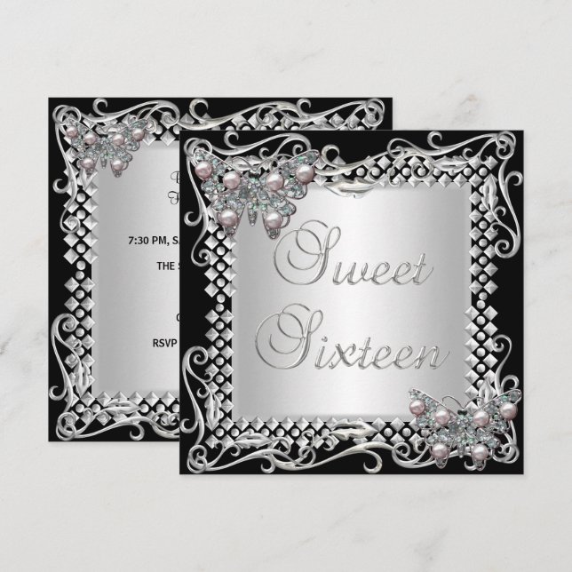 Sweet 16 Birthday Butterflies Silver Black Einladung (Vorne/Hinten)