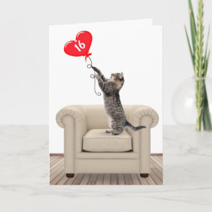 Sweet 16 Birthday Cat with Heart Balloon Card Karte