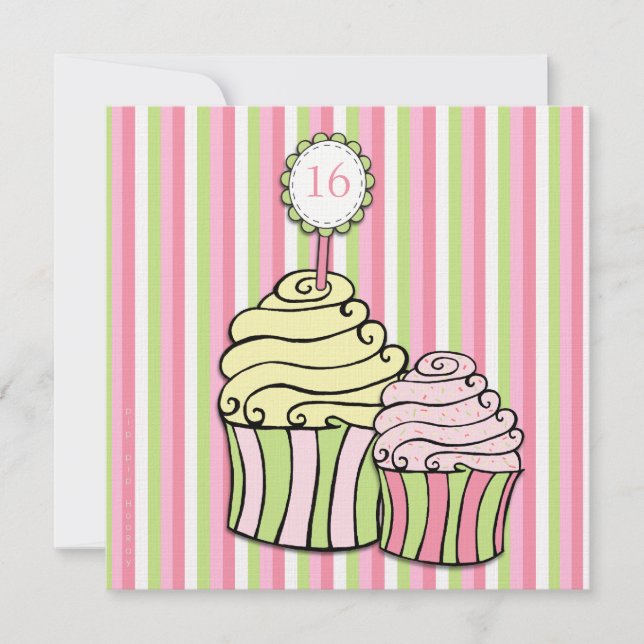 Sweet 16 Birthday Cupcake Parlor Streifen Party Einladung (Vorderseite)