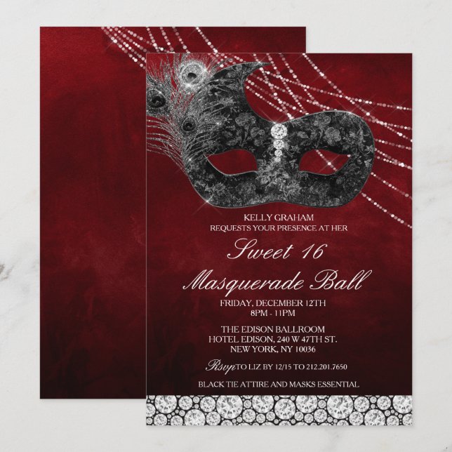 Sweet 16 Birthday Diamond Maske Einladung (Vorne/Hinten)