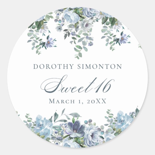 Sweet 16 Birthday Dusty Blue Floral Runder Aufkleber (Vorderseite)