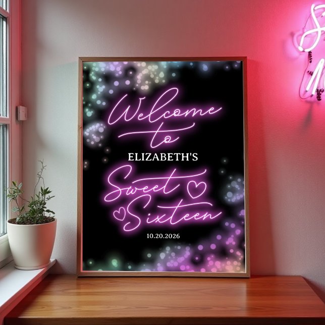 Sweet 16 Birthday farbenfrohe Neon Glow Willkommen Poster (Von Creator hochgeladen)