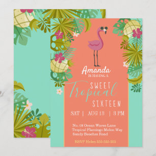 Sweet 16 Birthday Flamingo Luau Palm Tree Beach Einladung