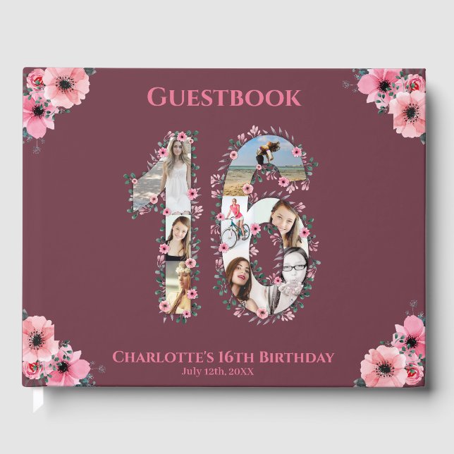 Sweet 16 Birthday Foto Collage Flower Girl Pink Gästebuch (Vorderseite)