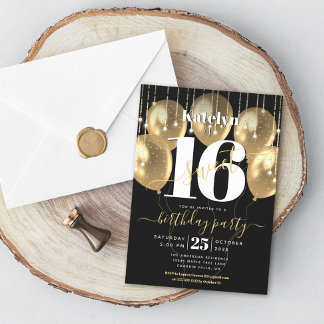 Sweet 16 Birthday Girly Glam Gold Ballon auf Black Einladung
