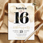 Sweet 16 Birthday Girly Glam Gold Balloons Script Einladung<br><div class="desc">"Happy Sweet 16". Schicken Sie diese atemberaubende, einfache, festliche, moderne, personalisierte Party Einladung für eine Veranstaltung, an die Sie sich erinnern können. Fett, grafisch, schwarz und handgeschriebenes Skriptüberlagern Goldballons und goldene funkelnd Streichlichter auf einem ausgeklügelten, weißen Hintergrund. Personalisieren Sie den benutzerdefinierten Text mit dem Namen Ihrer Tochter und anderen Party-Details....</div>
