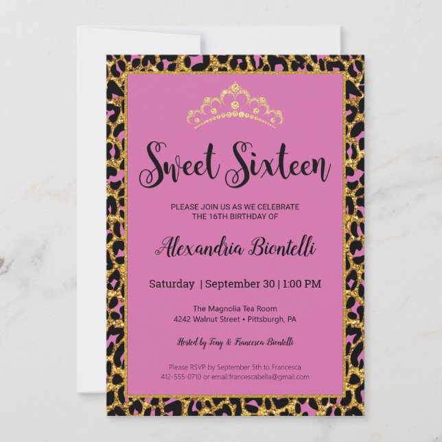 Sweet 16 Birthday|Girly Pink Leopard Gold Glitzer Einladung (Vorderseite)
