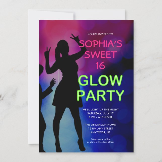 Sweet 16 Birthday Glow Party Einladung (Vorderseite)
