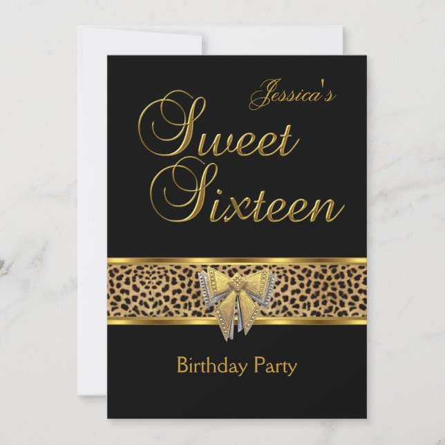 Sweet 16 Birthday Gold Black Leopard Bogen Einladung (Vorderseite)