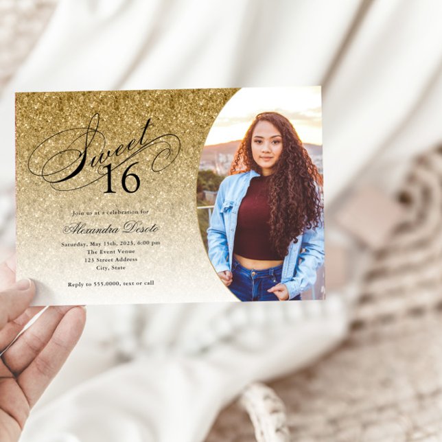 Sweet 16 Birthday Gold Glitzer Glam Foto Einladung (Von Creator hochgeladen)