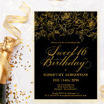 Sweet 16 Birthday Gold Rose Floral Black Einladung<br><div class="desc">Elegante Rose aus Gold der offenen Linie schaffen den perfekten Rahmen. Der schwarze Hintergrund verleiht dem Ganzen eine dramatische Anziehungskraft und die Kalligraphie verleiht ihm eine luxuriöse Touch. Diese Einladung ist Teil der Luxe Gold Rose Collection. Hier finden Sie Vorlagen für die Geburtstagssuite,  Begrüßungsschilder und Party-Dekorationen.</div>
