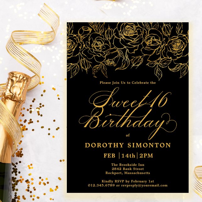 Sweet 16 Birthday Gold Rose Floral Black Einladung (Von Creator hochgeladen)