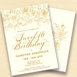 Sweet 16 Birthday Gold Rose Floral Ivory White Einladung<br><div class="desc">Elegante Rose aus Gold der offenen Linie schaffen den perfekten Rahmen. Der rot-rosa Hintergrund verleiht eine weibliche Ästhetik und die Kalligraphie verleiht der Einrichtung eine luxuriöse Touch. Diese Einladung ist Teil der Luxe Gold Rose Collection. Hier finden Sie Vorlagen für die Geburtstagssuite,  Begrüßungsschilder und Party-Dekorationen.</div>