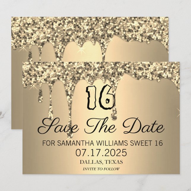 Sweet 16 Birthday Gold Sparkle Glitzer Tropfen Save The Date (Vorne/Hinten)
