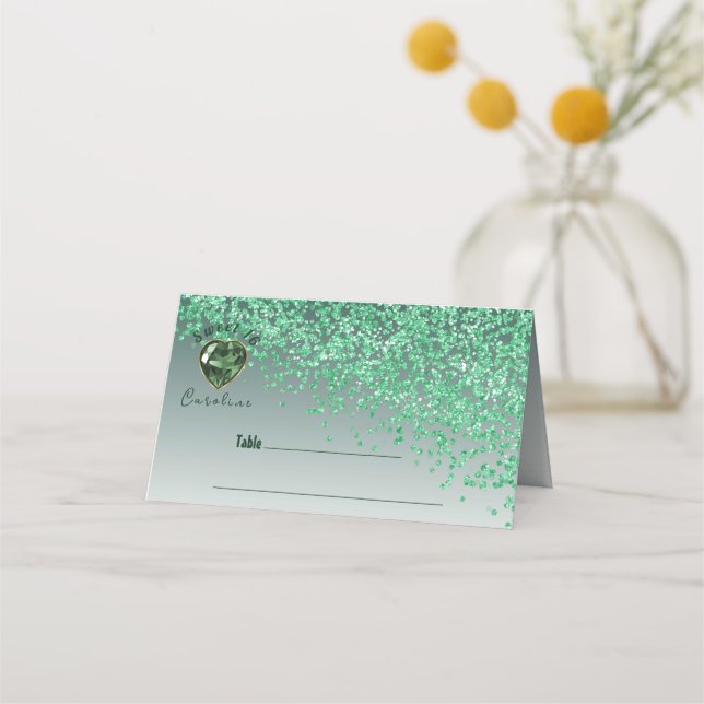 Sweet 16 Birthday Green Glitzer & Green Gem Platzkarte (Vorderseite)
