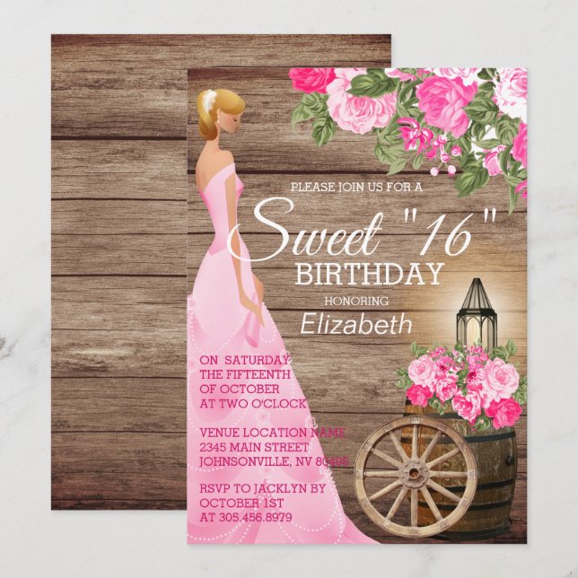 Sweet 16 Birthday - Holzbarrel & Rosa Blume Einladung (Vorne/Hinten)
