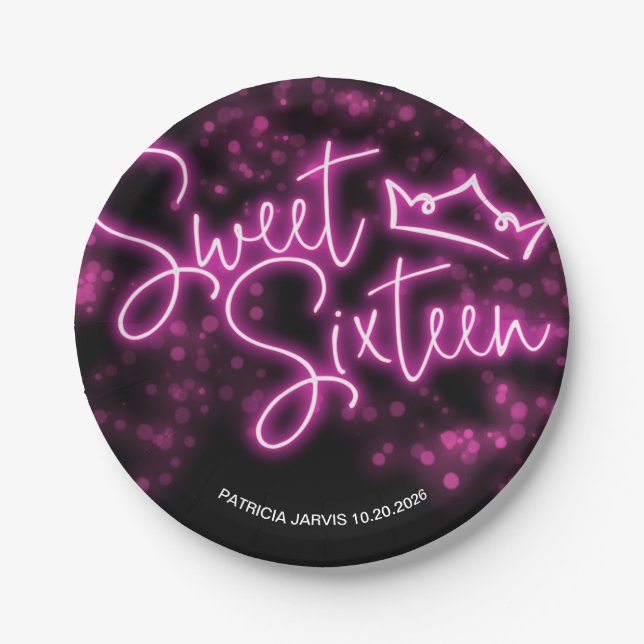 Sweet 16 Birthday Hot Pink Neon Dunkles Party Pappteller (Vorderseite)