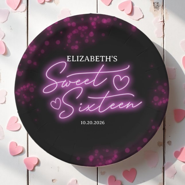 Sweet 16 Birthday Hot Pink Neon Dunkles Party Pappteller (Von Creator hochgeladen)