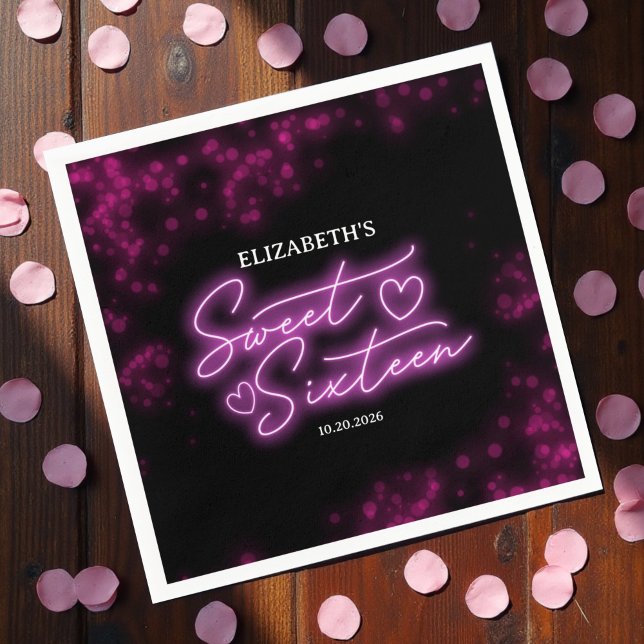 Sweet 16 Birthday Hot Pink Neon Dunkles Party Serviette (Von Creator hochgeladen)