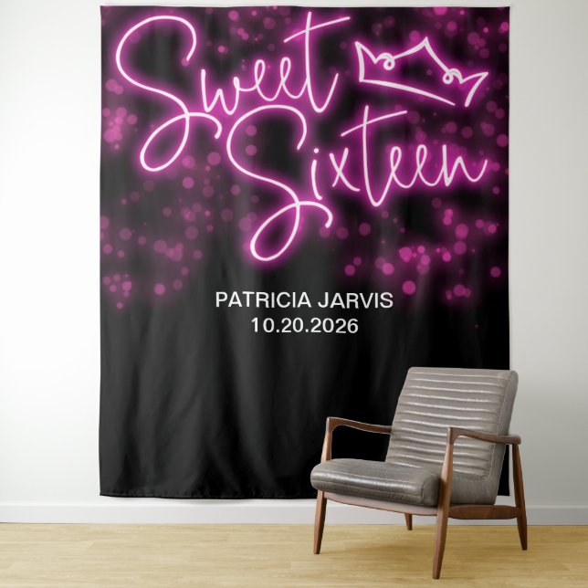 Sweet 16 Birthday Hot Pink Neon Glow Backdrops Wandteppich (Beispiel)