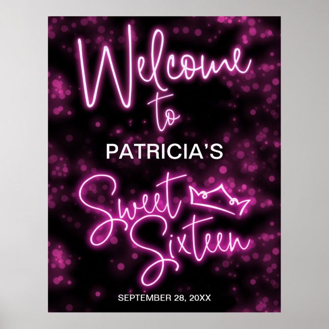 Sweet 16 Birthday Hot Pink Neon Glow Willkommensze Poster (Vorne)