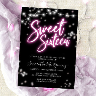 Sweet 16 Birthday Hot Pink Neon Themed Party Einladung