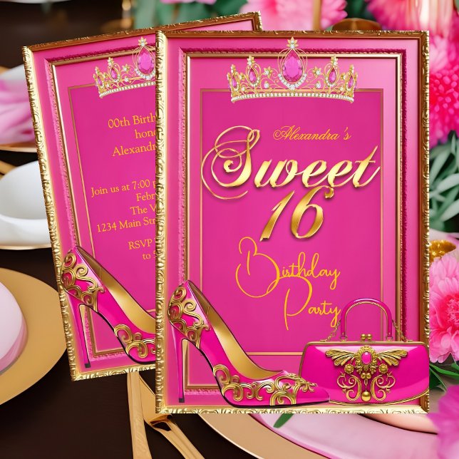 Sweet 16 Birthday Hot Pink Tiara Heel Gold Handbag Einladung (Von Creator hochgeladen)