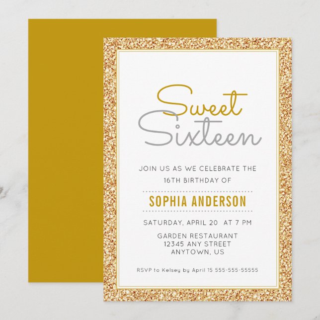 Sweet 16 Birthday Imitate Gold Glitzer Einladung (Vorne/Hinten)