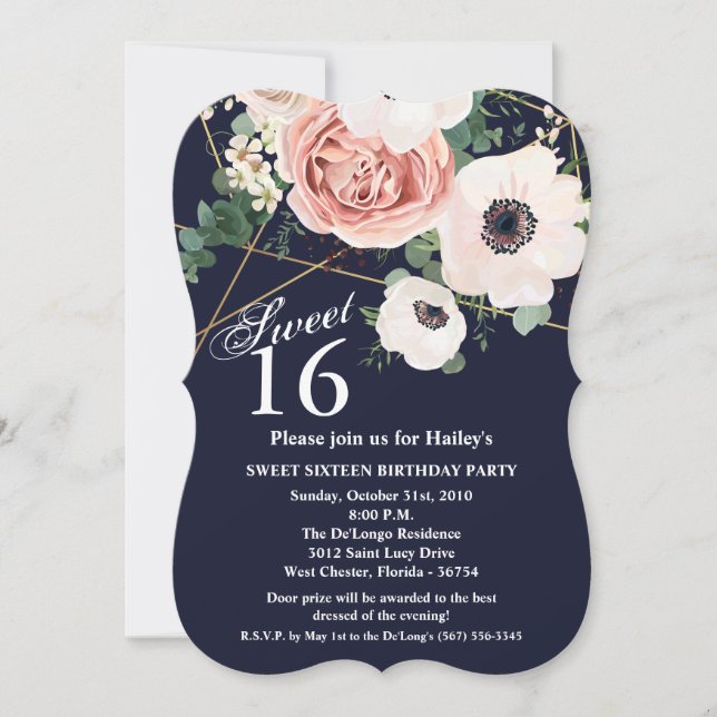 Sweet 16 Birthday Invite Geometric Garden Navy Blu Einladung (Vorderseite)
