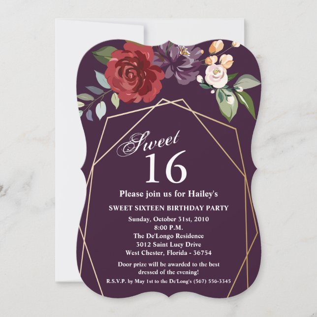 Sweet 16 Birthday Invite Plum Lila Rose Gold Ge Einladung (Vorderseite)