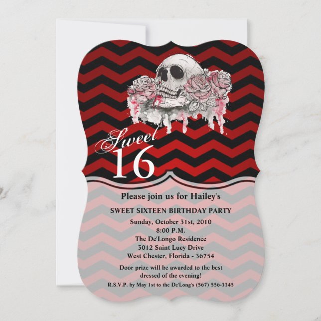 Sweet 16 Birthday Invite Skull Rose Gothic Zickzac Einladung (Vorderseite)