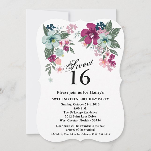Sweet 16 Birthday Invite Tropical Blume auf Weiß Einladung (Vorderseite)