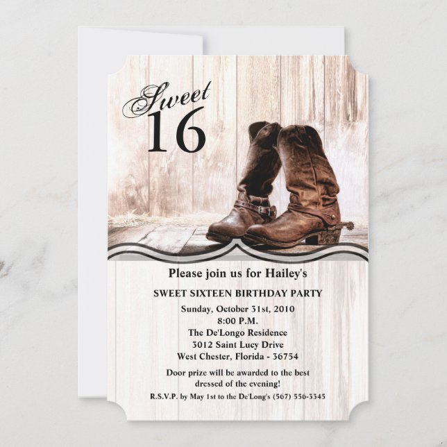 Sweet 16 Birthday Inviteboots Land rustikal West Einladung (Vorderseite)
