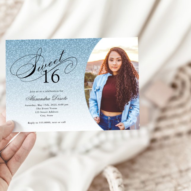 Sweet 16 Birthday Light Blue Glitzer Glam Foto Einladung (Von Creator hochgeladen)