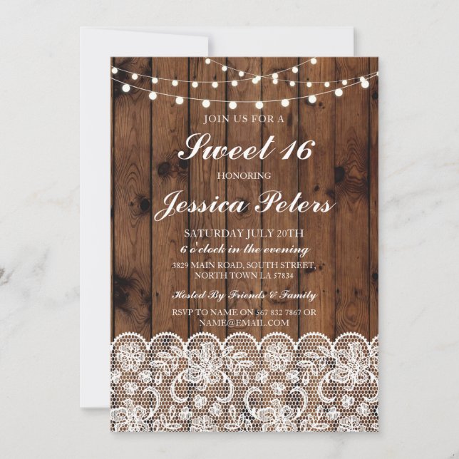 Sweet 16 Birthday Lights Rustikale Holzlace Einlad Einladung (Vorderseite)