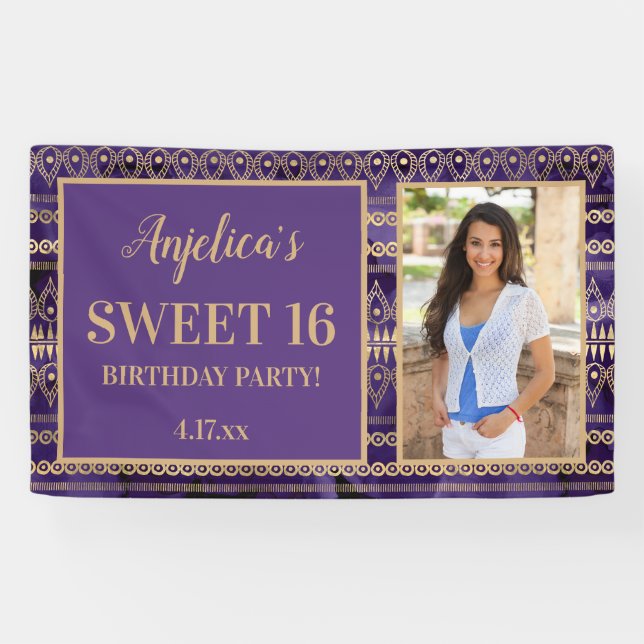 Sweet 16 Birthday Lila Gold Boho Foto Banner (Horizontal)