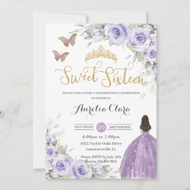 Sweet 16 Birthday Lila Lavendel Floral Princess Einladung (Vorderseite)