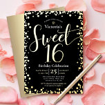 Sweet 16 Birthday Modern Girly Black Real Gold Folieneinladung<br><div class="desc">"Happy Sweet 16". Schicken Sie diese atemberaubende, funkelnd, mädchenhafte, festliche, moderne, personalisierte Party Einladung für eine Veranstaltung, an die Sie sich erinnern können. Real gold-Folie Schrift Typografie und Konfetti Overlay einen schwarzen Hintergrund. Auf der Rückseite ist ein gebürstetes Imitat mit goldenem Hintergrund. Personalisieren Sie den benutzerdefinierten Text mit dem Namen...</div>