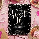 Sweet 16 Birthday Modern Glam Black Real Rose Gold Folieneinladung<br><div class="desc">"Happy Sweet 16". Schicken Sie diese atemberaubende, funkelnd, mädchenhafte, festliche, moderne, personalisierte Party Einladung für eine Veranstaltung, an die Sie sich erinnern können. Real Rose Goldfolie Skript Typografie und Konfetti Overlay einen schwarzen Hintergrund. Ein gebürstetes Imitat Rose Goldfolie Hintergrund ist auf der Rückseite. Personalisieren Sie den benutzerdefinierten Text mit dem...</div>