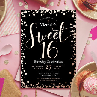Sweet 16 Birthday Modern Glam Black Real Rose Gold Folieneinladung