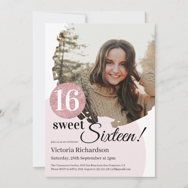 Sweet 16 Birthday Modern Pink Glitzer Custom Foto Einladung (Vorderseite)