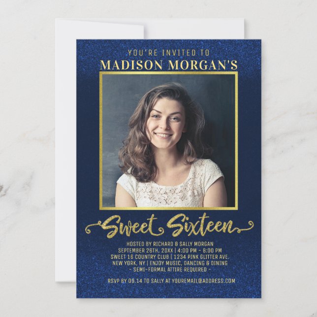 Sweet 16 Birthday Navy Blue Gold Glitzer Foto Einladung (Vorderseite)