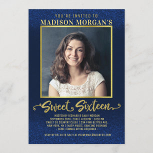 Sweet 16 Birthday Navy Blue Gold Glitzer Foto Einladung